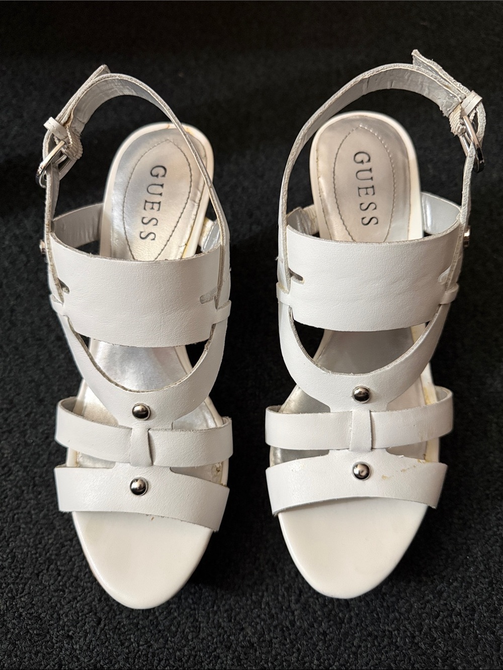 GUESS White Leather Strappy Slingback Wedge with Stud Detail